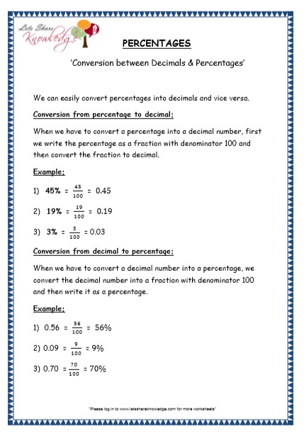  Conversions between Decimals & Percentages Printable Worksheets