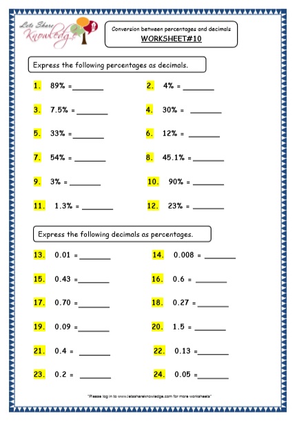  Conversions between Decimals & Percentages Printable Worksheets Worksheet