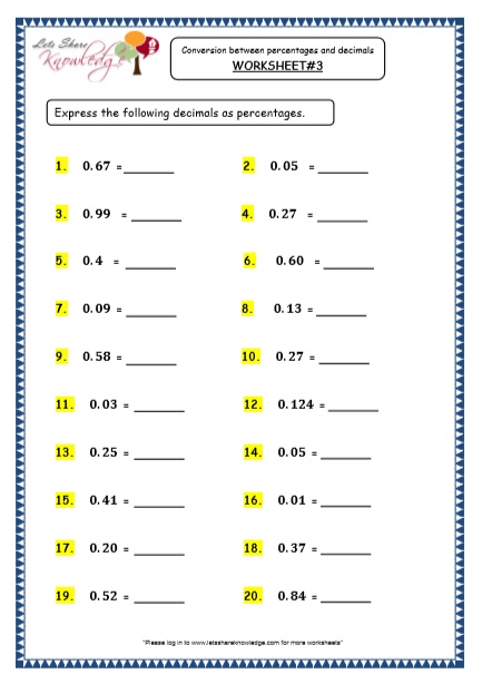 Grade 4 Maths Resources (4.3 Conversions between Decimals & Percentages ...