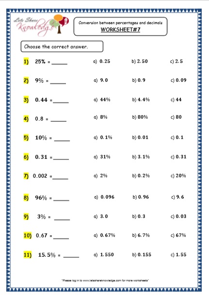 Grade 4 Maths Resources (4.3 Conversions between Decimals & Percentages ...