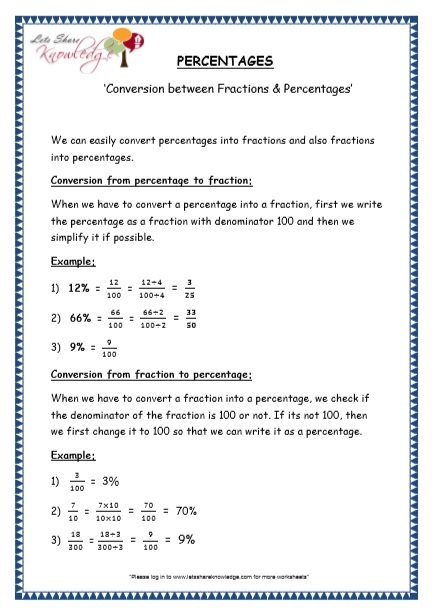  Conversions between Fractions & Percentages Printable Worksheets