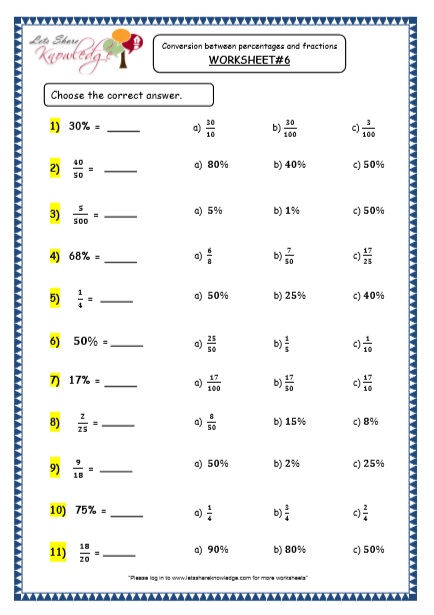  Conversions between Fractions & Percentages Printable Worksheets Worksheet