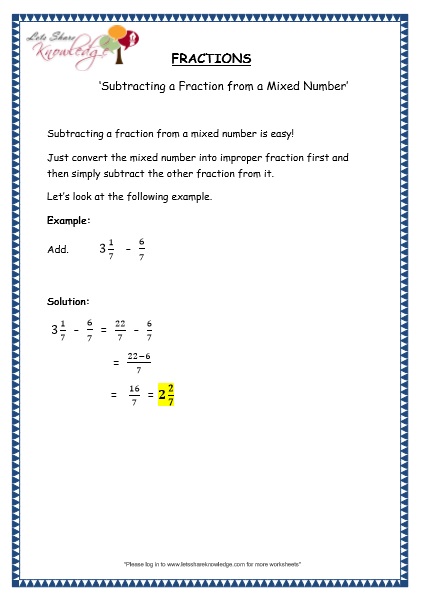  Subtracting a Fraction from a Mixed Number Printable Worksheets