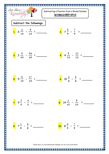 subtracting a fraction from a mixed number grade 4 maths resources printable worksheets