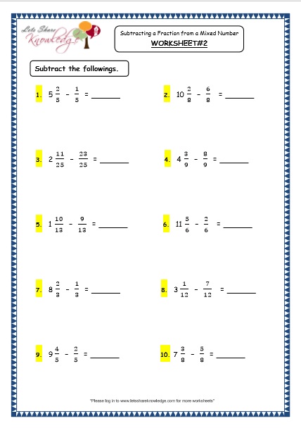  Subtracting a Fraction from a Mixed Number Printable Worksheets 