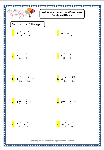  Subtracting a Fraction from a Mixed Number Printable Worksheets Worksheets