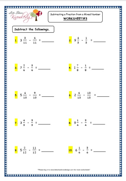 Grade 4 Maths Resources (2.5.4 Subtracting a Fraction from a Mixed ...