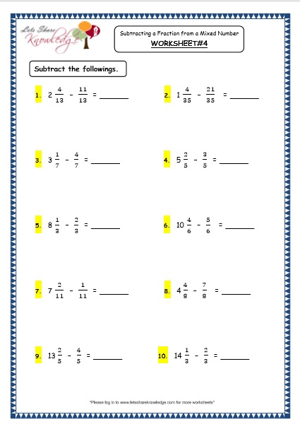 grade 4 maths resources 2 5 4 subtracting a fraction from a mixed number printable worksheets lets share knowledge