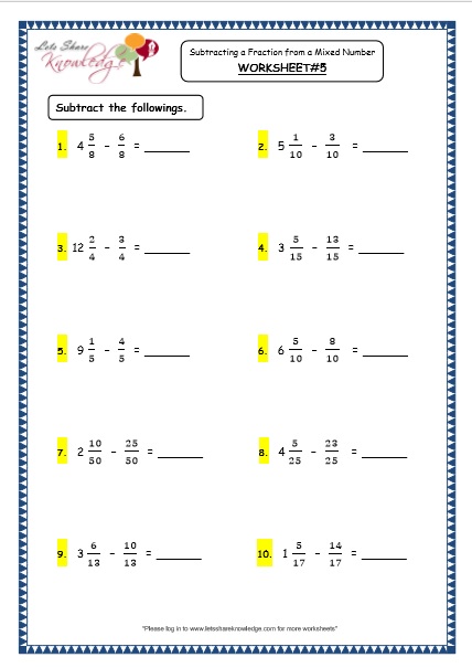 Grade 4 Maths Resources (2.5.4 Subtracting a Fraction from a Mixed ...