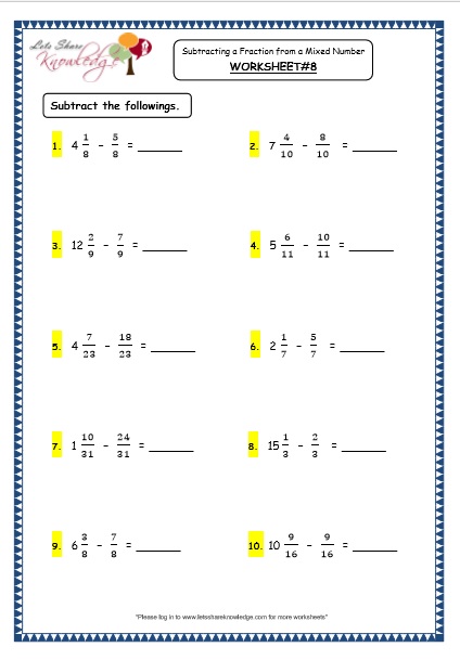 Grade 4 Maths Resources (2.5.4 Subtracting A Fraction From A Mixed 