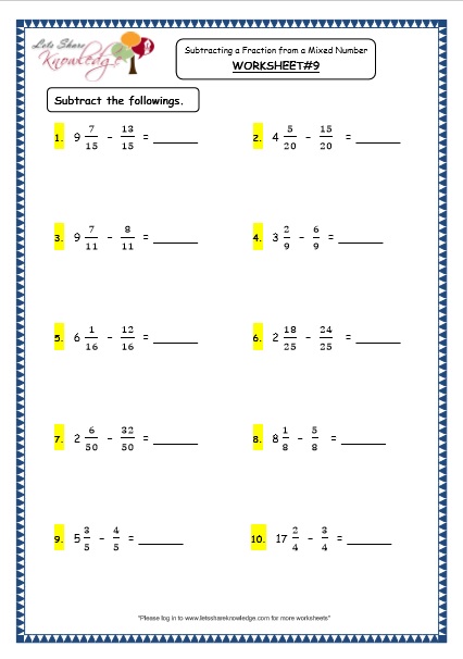  Subtracting a Fraction from a Mixed Number Printable Worksheets Worksheet