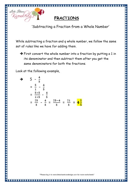  Subtracting a Fraction from a Whole Number Printable Worksheets