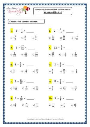 subtracting a fraction from a whole number grade 4 maths resources printable worksheets