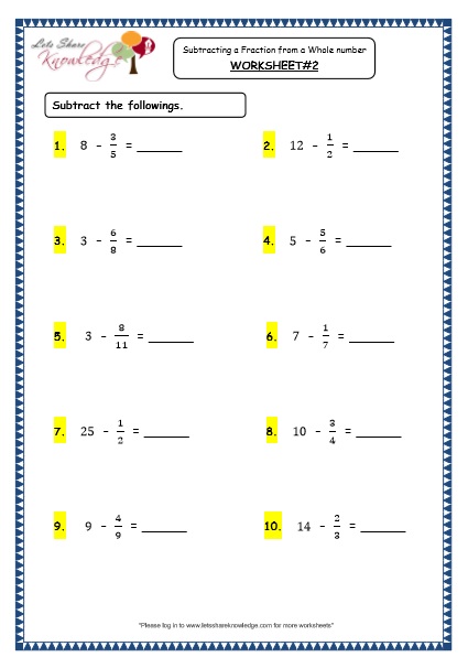  Subtracting a Fraction from a Whole Number Printable Worksheets 