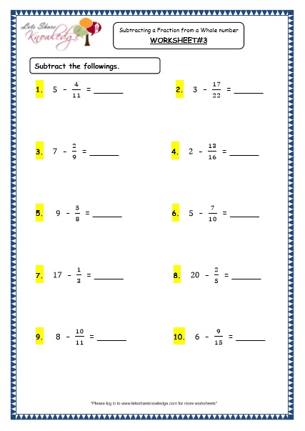  Subtracting a Fraction from a Whole Number Printable Worksheets Worksheets