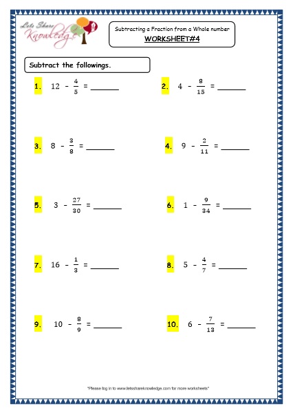  Subtracting a Fraction from a Whole Number Printable Worksheets Worksheet 