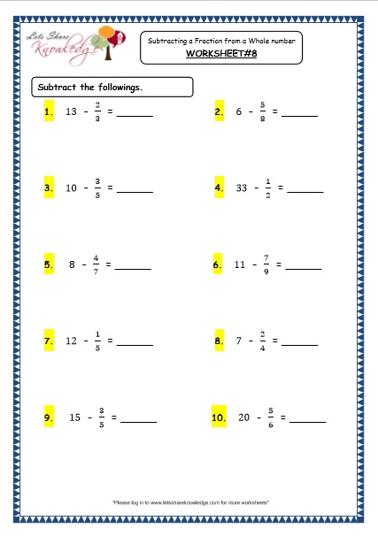  Subtracting a Fraction from a Whole Number Printable Worksheets Worksheet