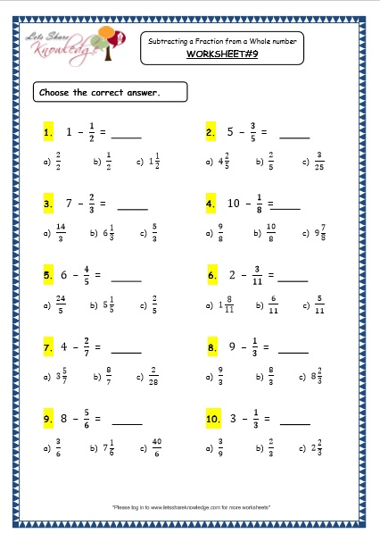  Subtracting a Fraction from a Whole Number Printable Worksheets Worksheet