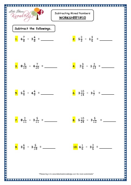  Subtracting Mixed Numbers Printable Worksheets Worksheet