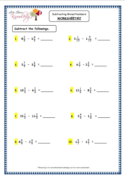  Subtracting Mixed Numbers Printable Worksheets 