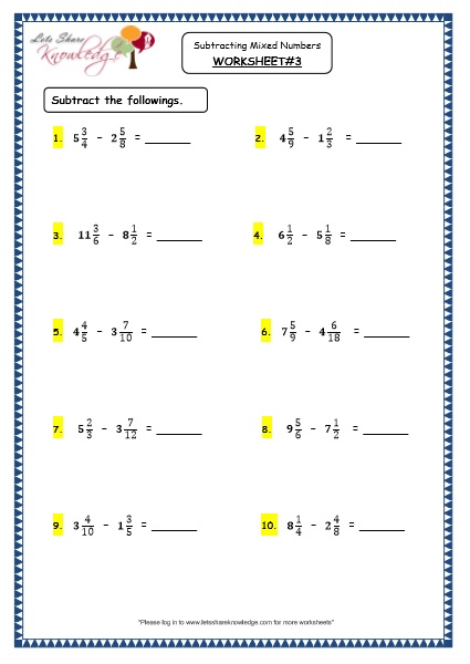  Subtracting Mixed Numbers Printable Worksheets Worksheets