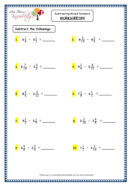  Subtracting Mixed Numbers Printable Worksheets Worksheet 