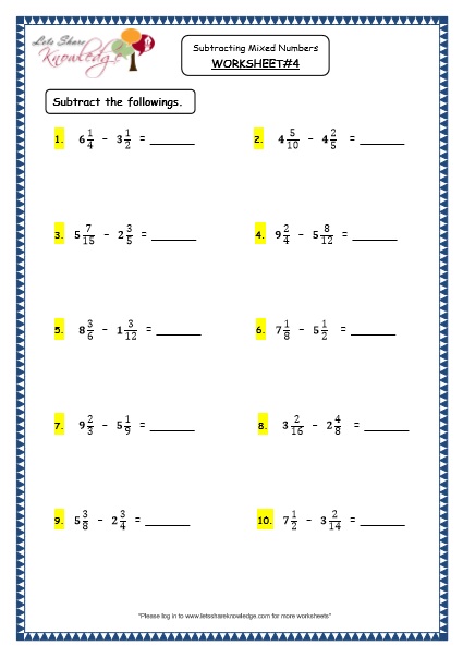 Grade 4 Maths Resources (2.5.3 Subtracting Mixed Numbers Printable ...