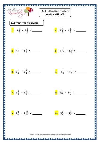 Grade 4 Maths Resources (2.5.3 Subtracting Mixed Numbers Printable ...