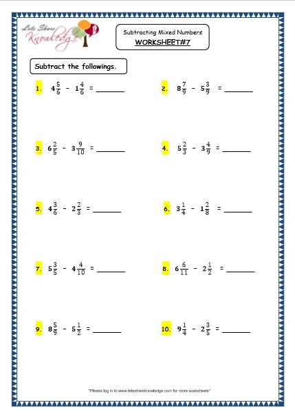  Subtracting Mixed Numbers Printable Worksheets Worksheet