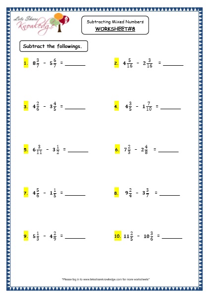 grade 4 maths resources 2 5 3 subtracting mixed numbers printable worksheets lets share knowledge