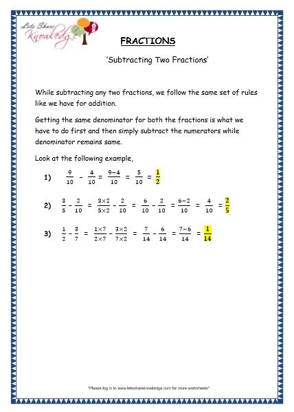  Subtracting Two Fractions Printable Worksheets