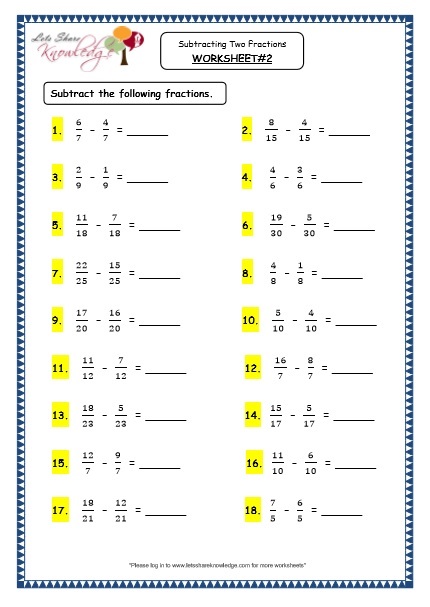  Subtracting Two Fractions Printable Worksheets 