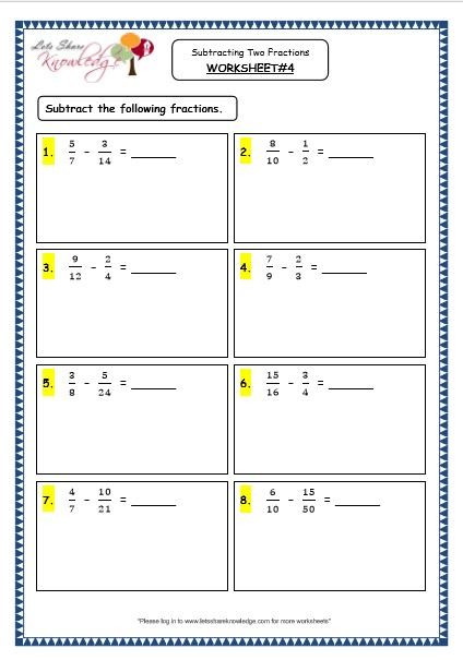  Subtracting Two Fractions Printable Worksheets Worksheet 