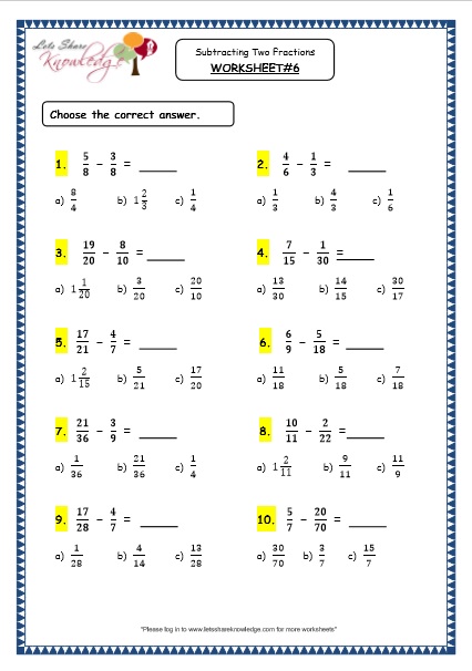 grade 4 maths resources 2 5 1 subtracting two fractions printable worksheets lets share knowledge