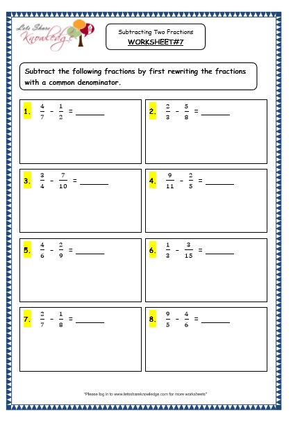 Grade 4 Maths Resources (2.5.1 Subtracting Two Fractions Printable ...