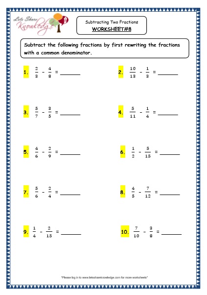  Subtracting Two Fractions Printable Worksheets Worksheet