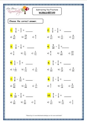 subtracting two fractions grade 4 maths resources printable worksheets w10
