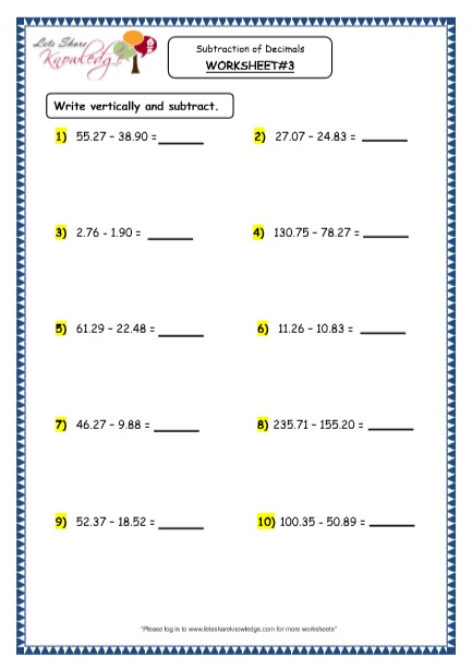  Subtraction of Decimals Printable Worksheets Worksheets
