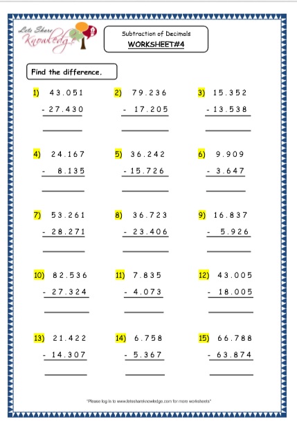  Subtraction of Decimals Printable Worksheets Worksheet 