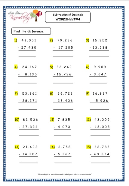 Grade 4 Maths Resources (3.6 Subtraction of Decimals Printable ...