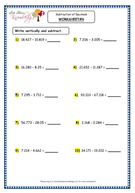  Subtraction of Decimals Printable Worksheets Worksheet