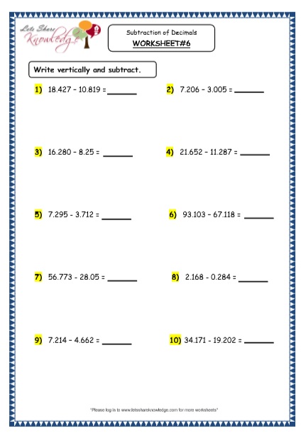 Grade 4 Maths Resources (3.6 Subtraction of Decimals Printable ...