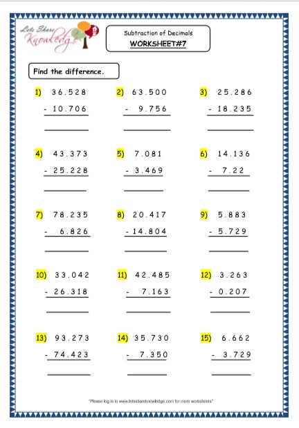 Grade 4 Maths Resources (3.6 Subtraction of Decimals Printable ...