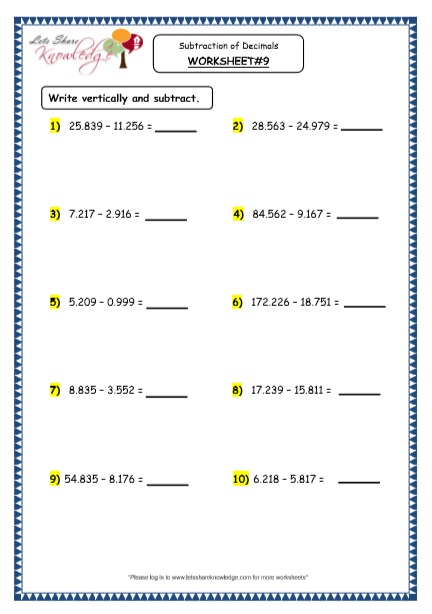  Subtraction of Decimals Printable Worksheets Worksheet