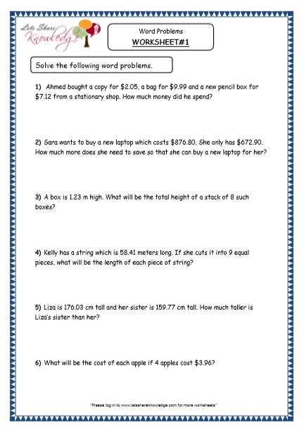 Grade 4 Maths Resources (3.10 Decimals Word Problems Printable ...