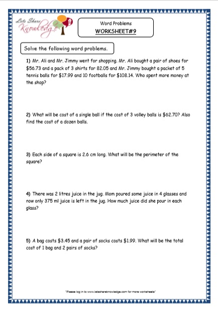 Grade 4 Maths Resources (3.10 Decimals Word Problems Printable ...