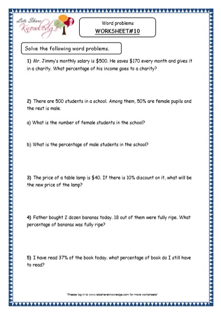word problems percentages grade 4 maths resources printable worksheets