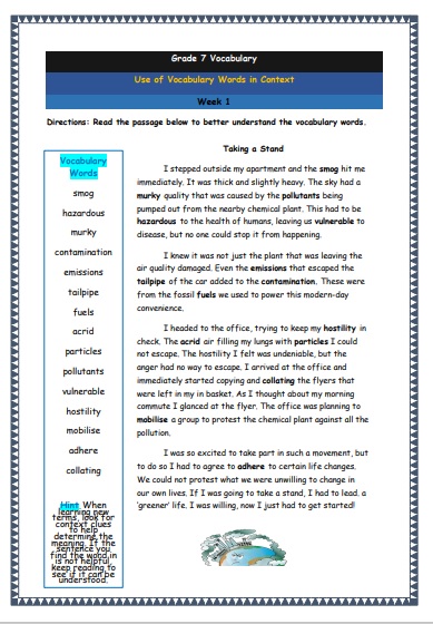 Grade 7 Vocabulary Worksheets Week 1 understanding vocabulary words in context