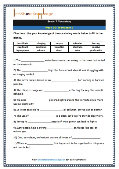 Grade 7 Vocabulary Worksheets Week 10 worksheet 2