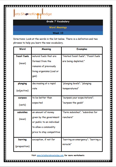 Grade 7 Vocabulary Worksheets Week 10 meanings